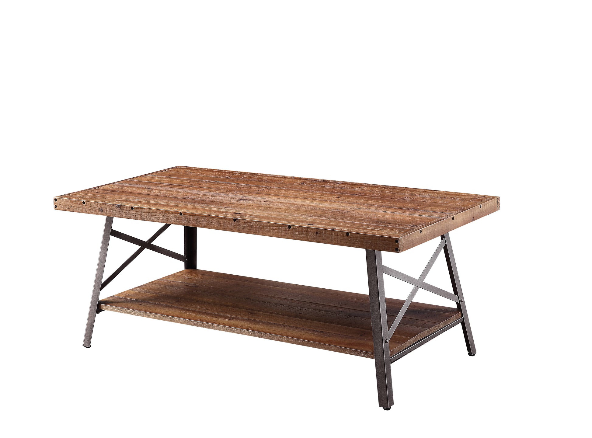 Wooden coffee table with brown finish, black metal X-crossed frame, and lower shelf.