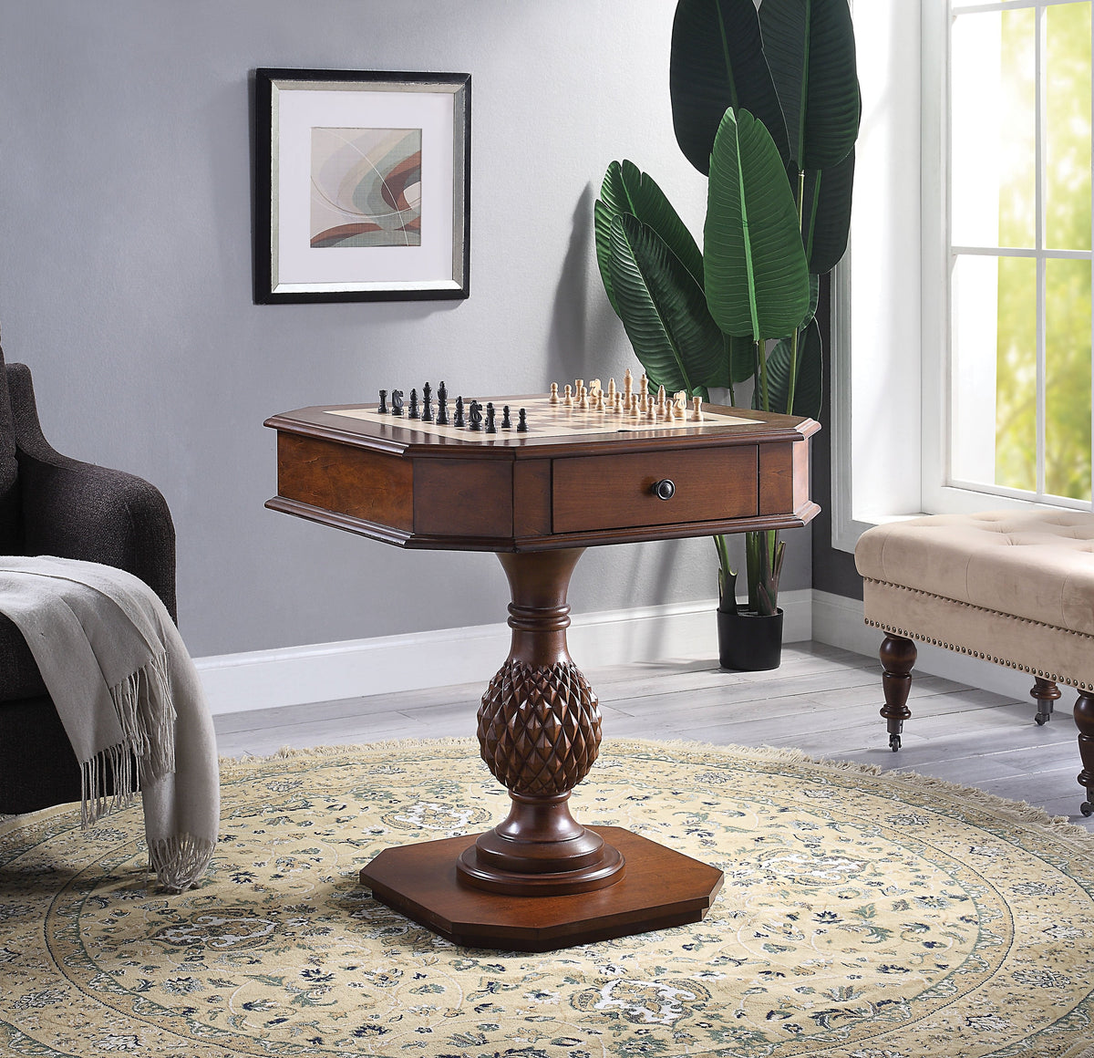 Wooden Square Top Reversible Game Table with Pedestal Base, Brown
