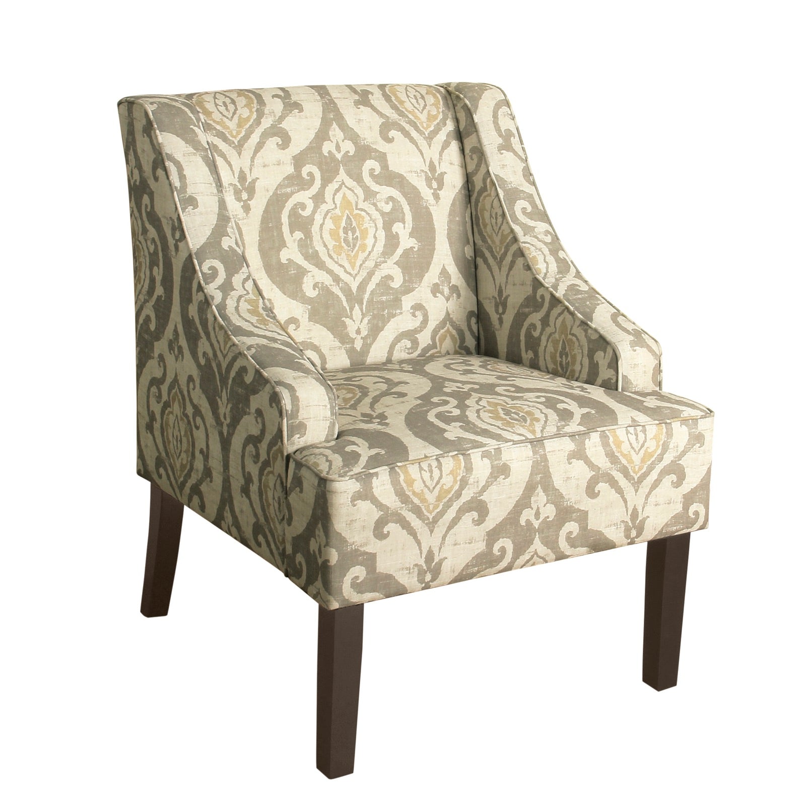 Fabric upholstered wooden accent chair with beige ivory damask pattern by Benzara