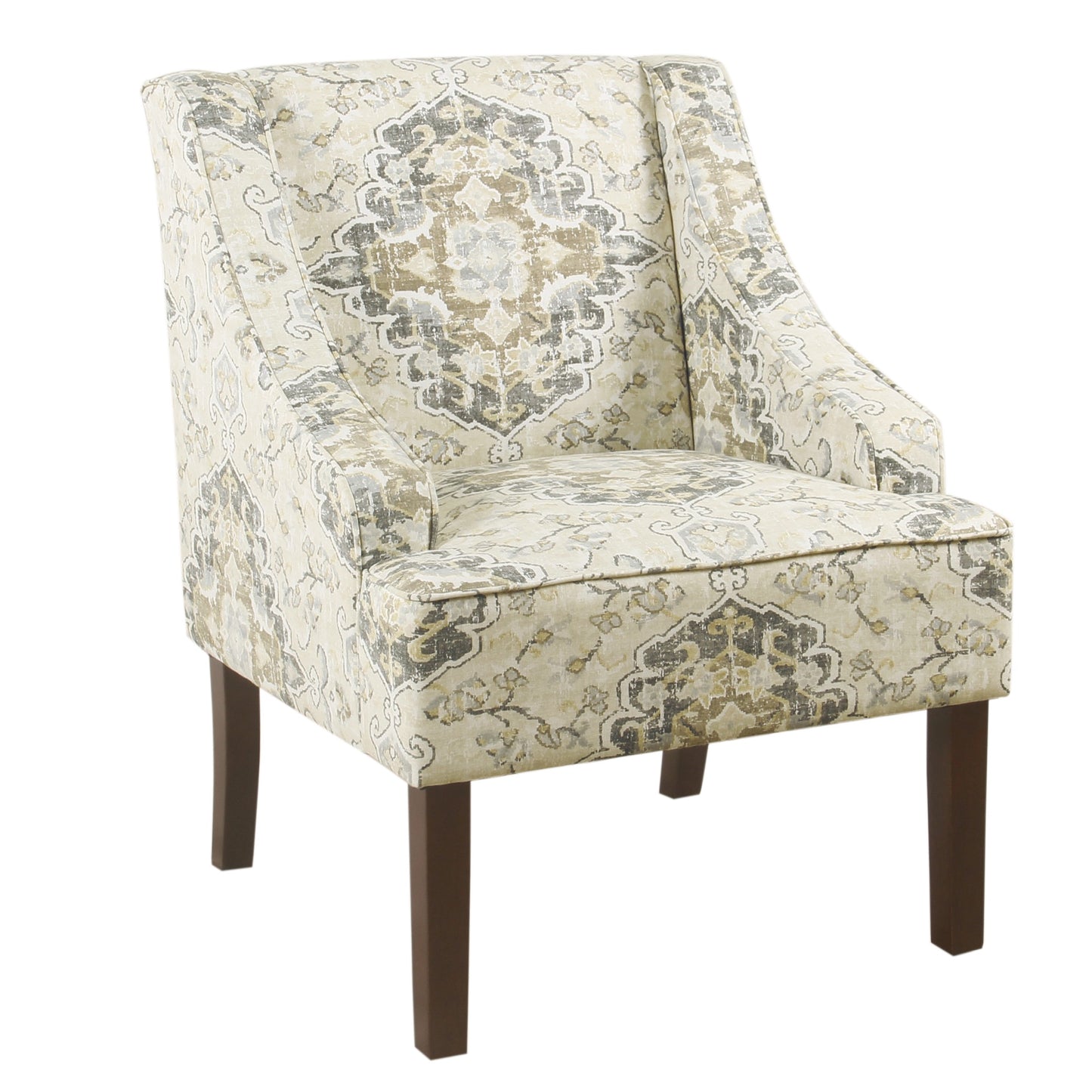 Fabric upholstered wooden accent chair with swooping arms in beige, gray and taupe damask pattern