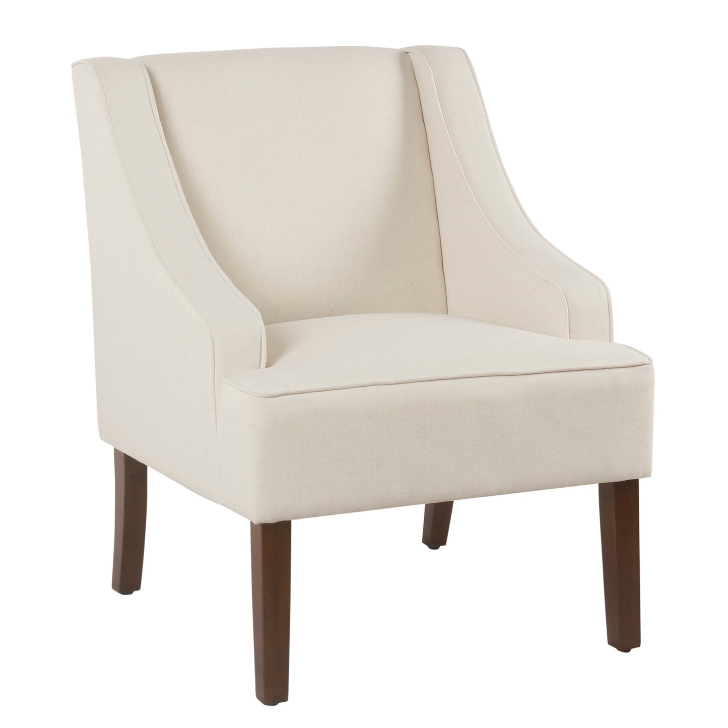 Cream fabric upholstered accent chair with swooping armrests and dark brown wooden legs