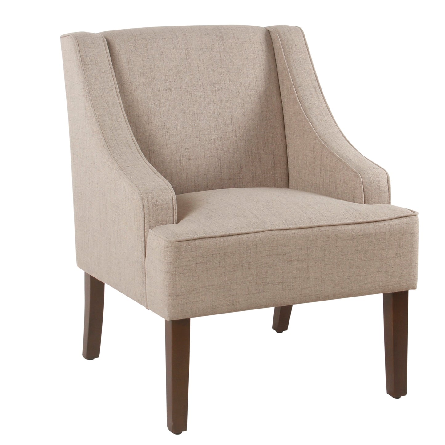 Fabric upholstered accent chair with swooping armrests, beige linen, with dark wood legs.