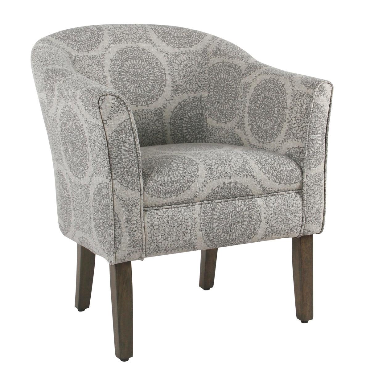 Barrel-style accent chair in gray and brown medallion fabric with wooden legs by Benzara