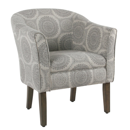 Barrel-style accent chair in gray and brown medallion fabric with wooden legs by Benzara