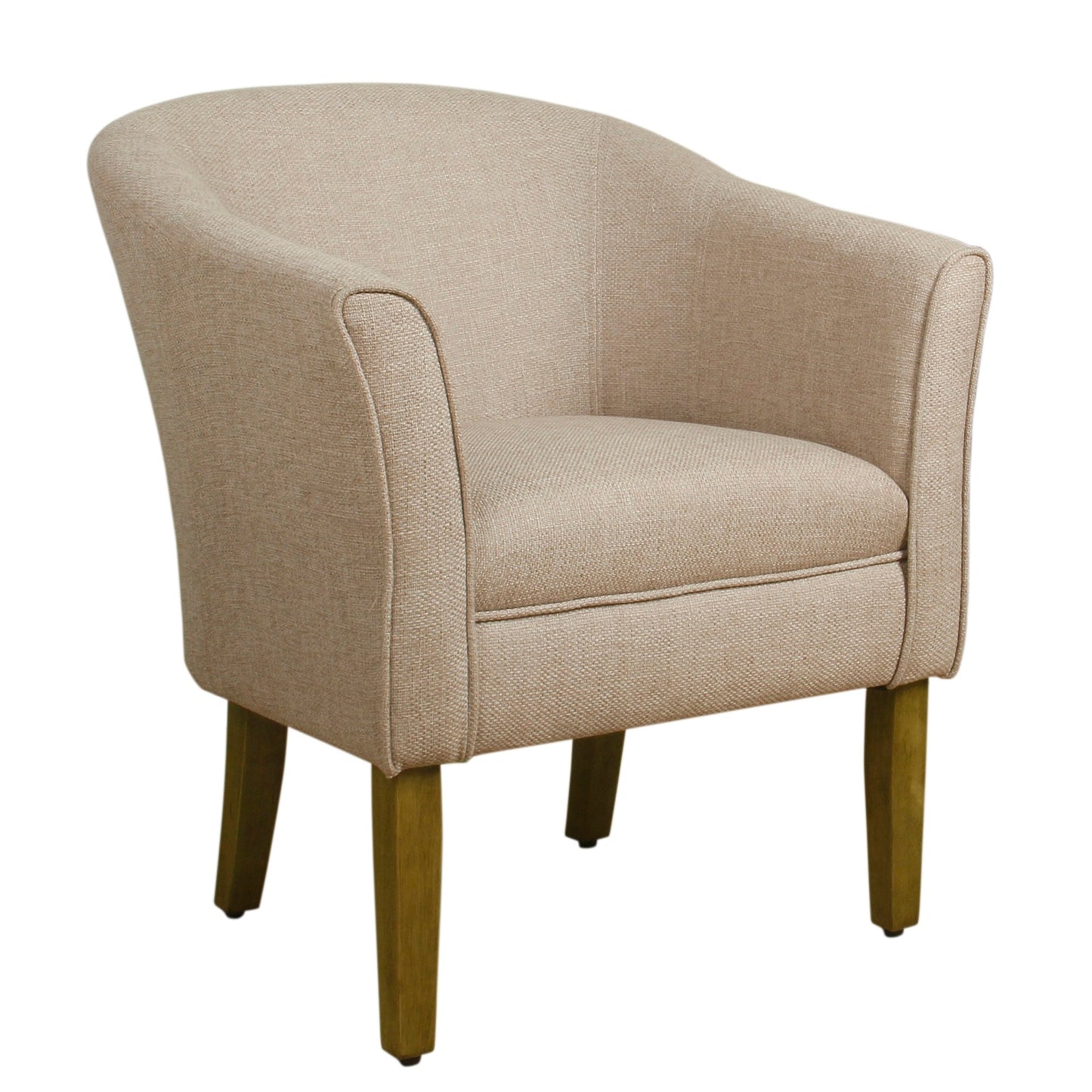 Fabric upholstered accent chair with a cream barrel-back and brown wooden legs
