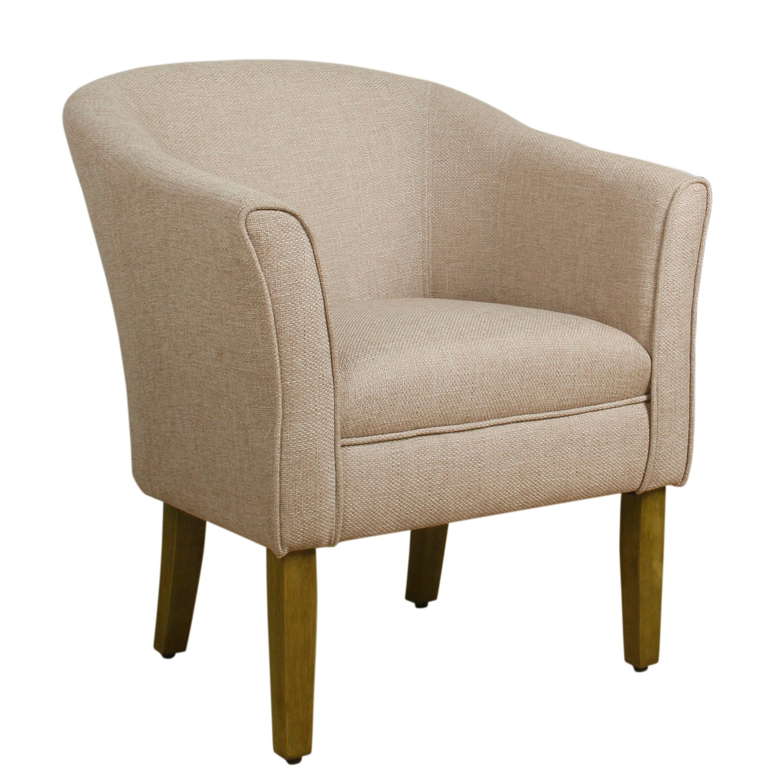 Fabric upholstered accent chair with a cream barrel-back and brown wooden legs