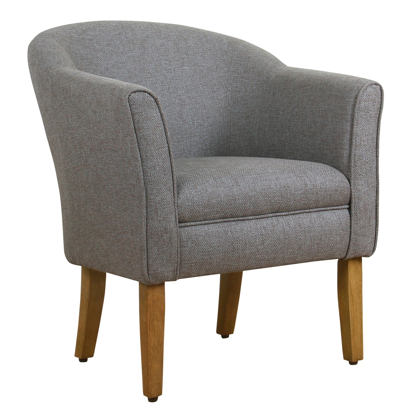 Fabric upholstered wooden accent chair with barrel-back design in gray and brown by Benzara.