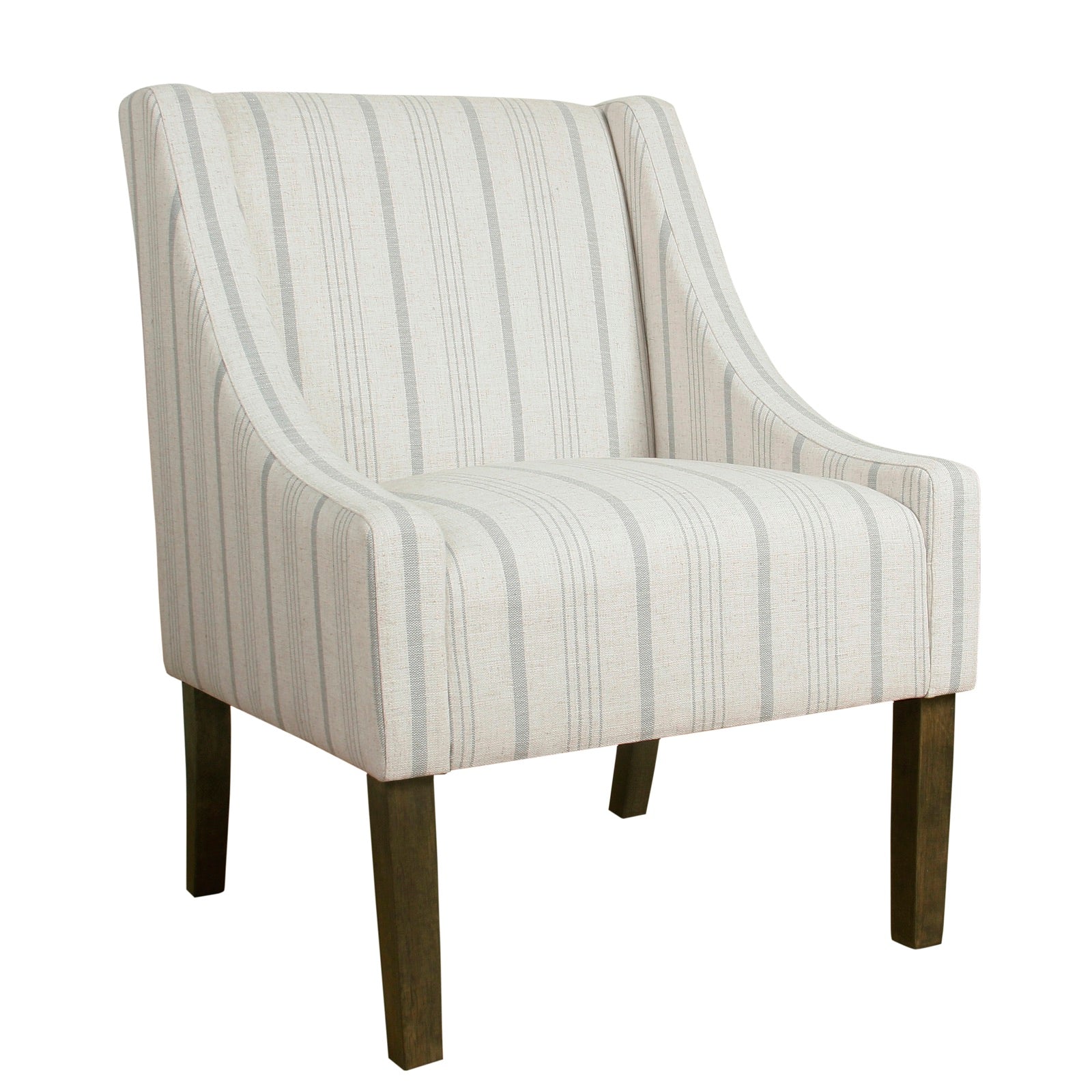 Fabric upholstered accent chair with stripe pattern and swooping arms, beige-gray upholstery and dark wood legs