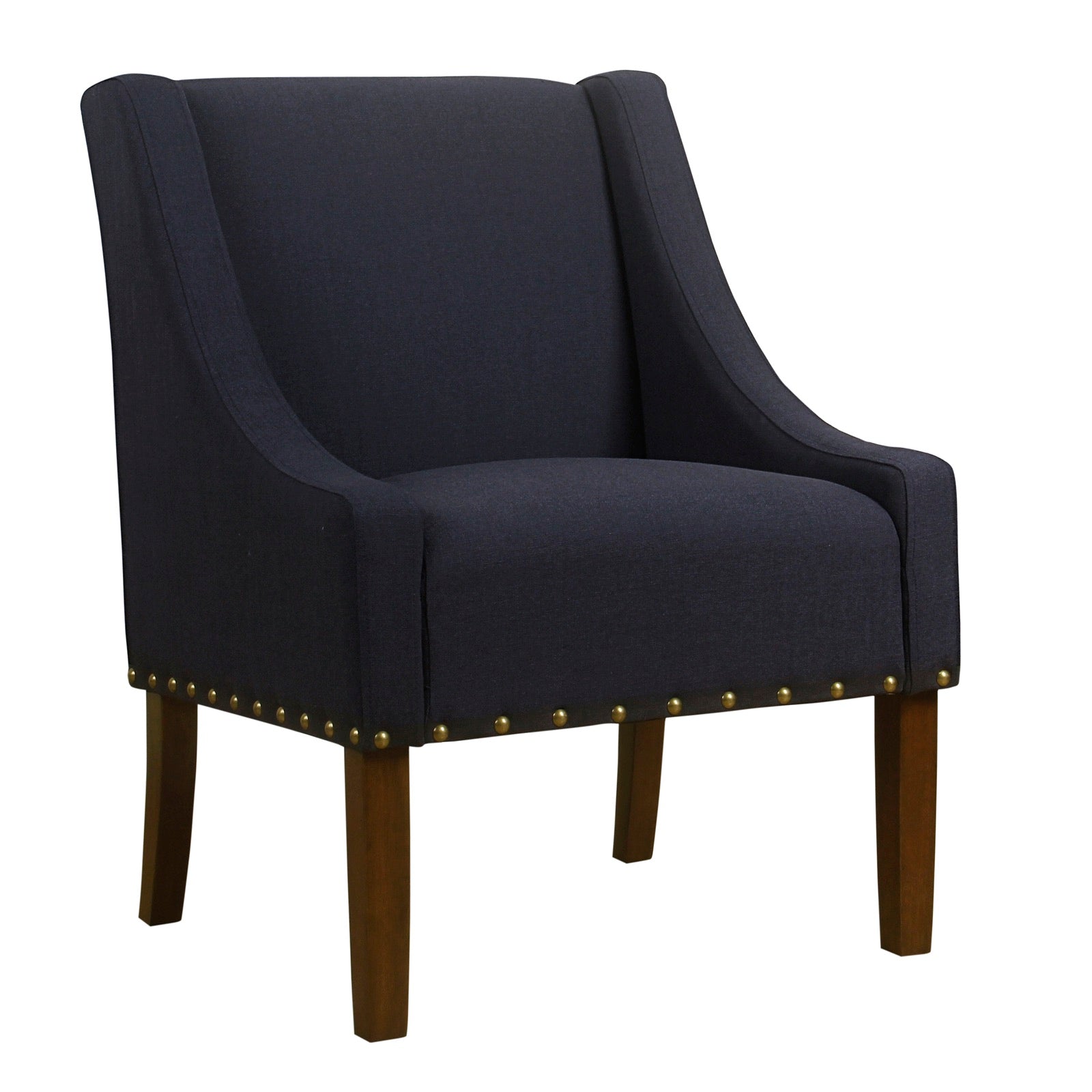 Fabric Upholstered Accent Chair with Swooping Arms and Nail Head Trim, navy blue fabric, brown wooden legs