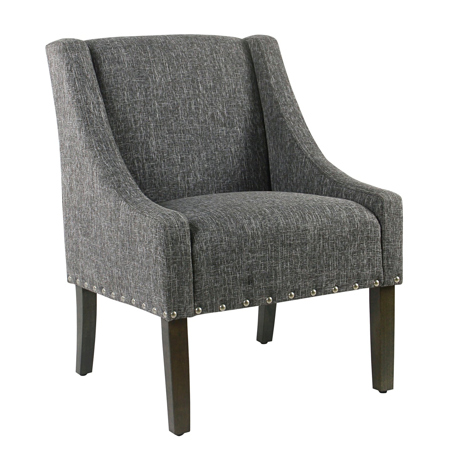 Fabric upholstered wooden accent chair with swooping arms and nailhead trim in gray and brown tweed