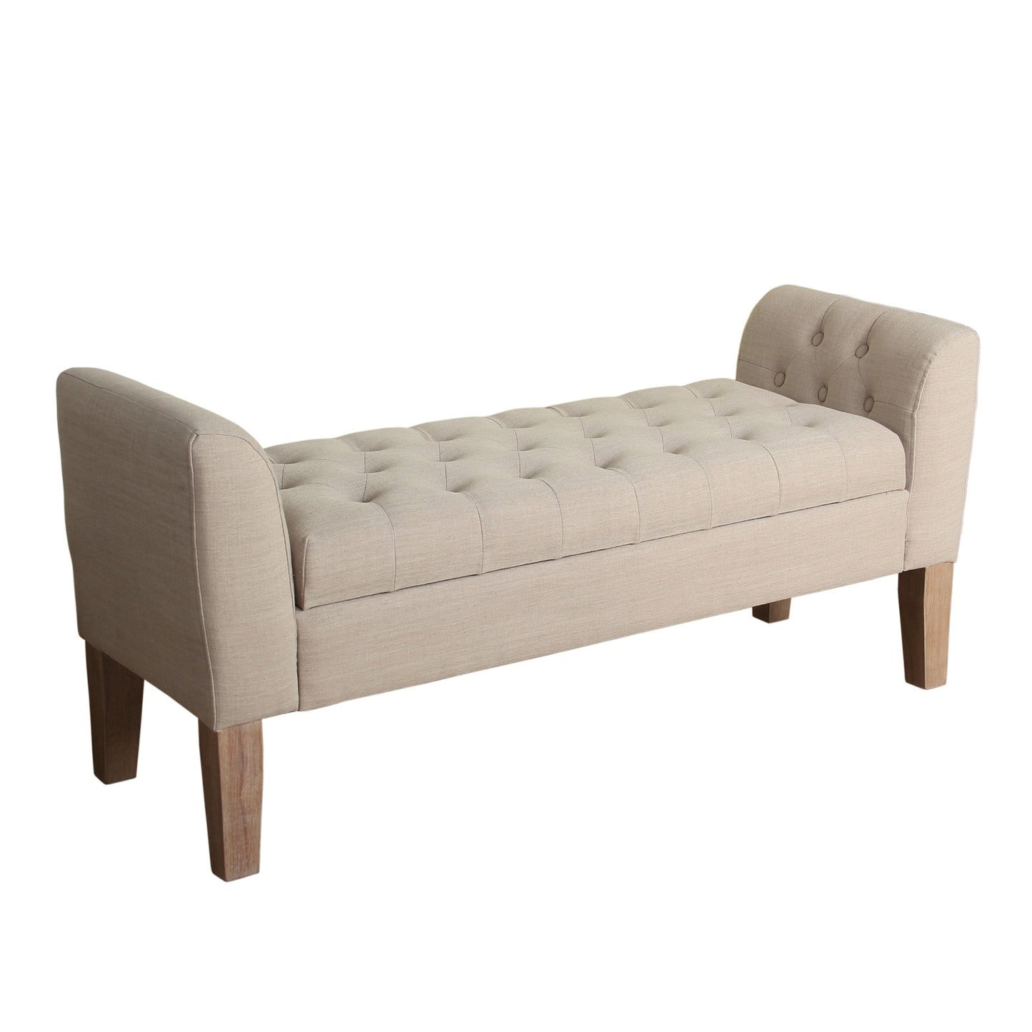 Beige fabric upholstered storage bench with lift-top, button tufting and wooden legs