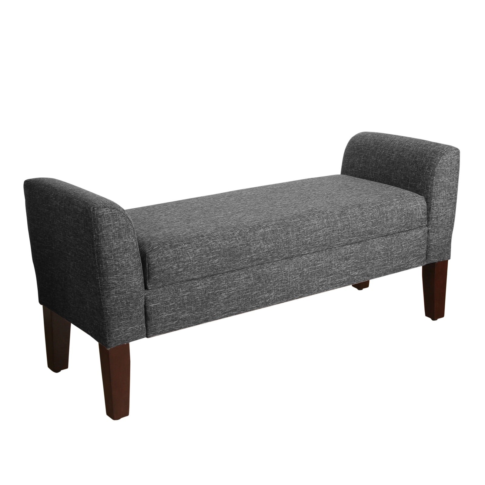 Fabric upholstered wooden bench with lift-top storage and tapered feet, dark gray