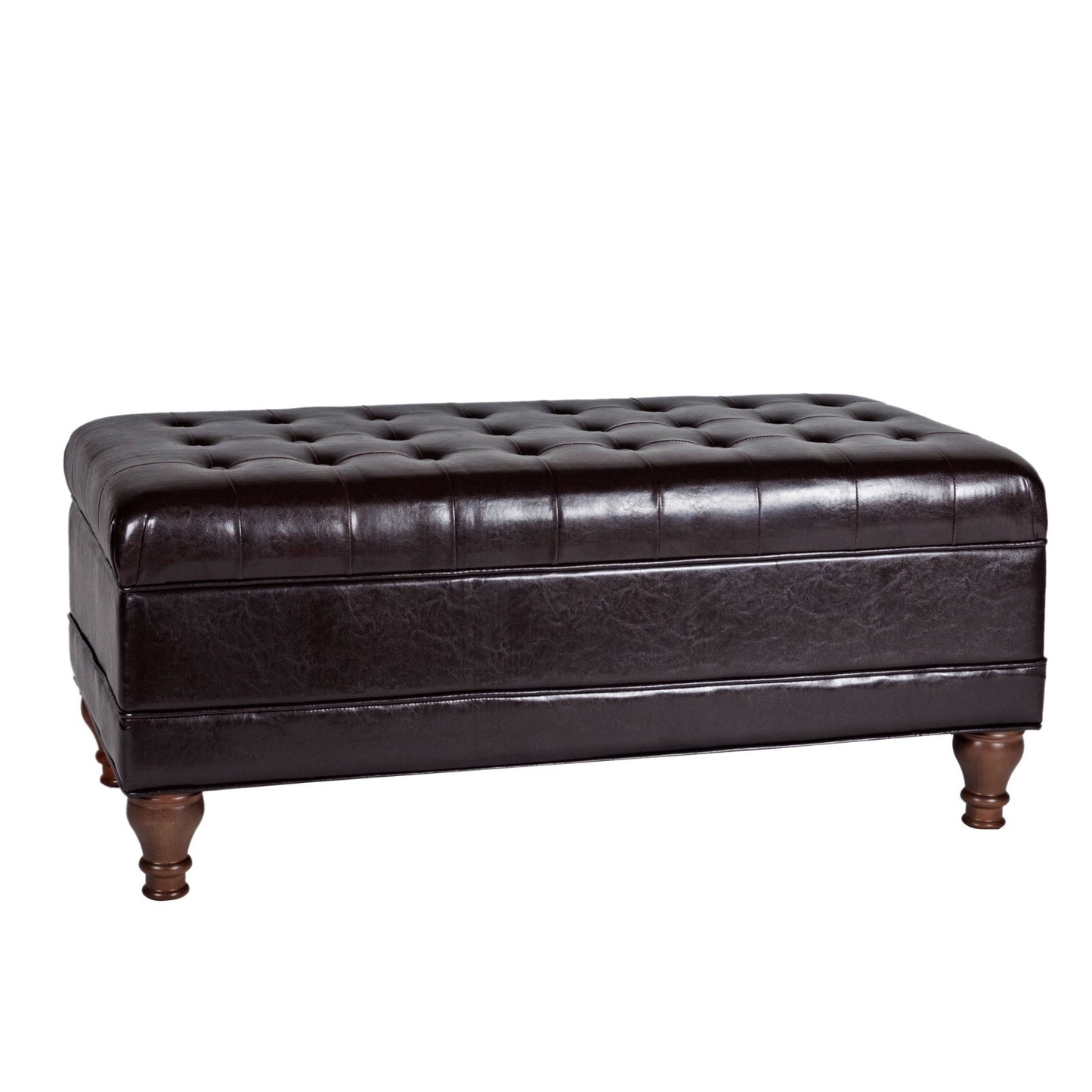 Leatherette upholstered wooden storage bench with button-tufted top, brown finish and turned legs.