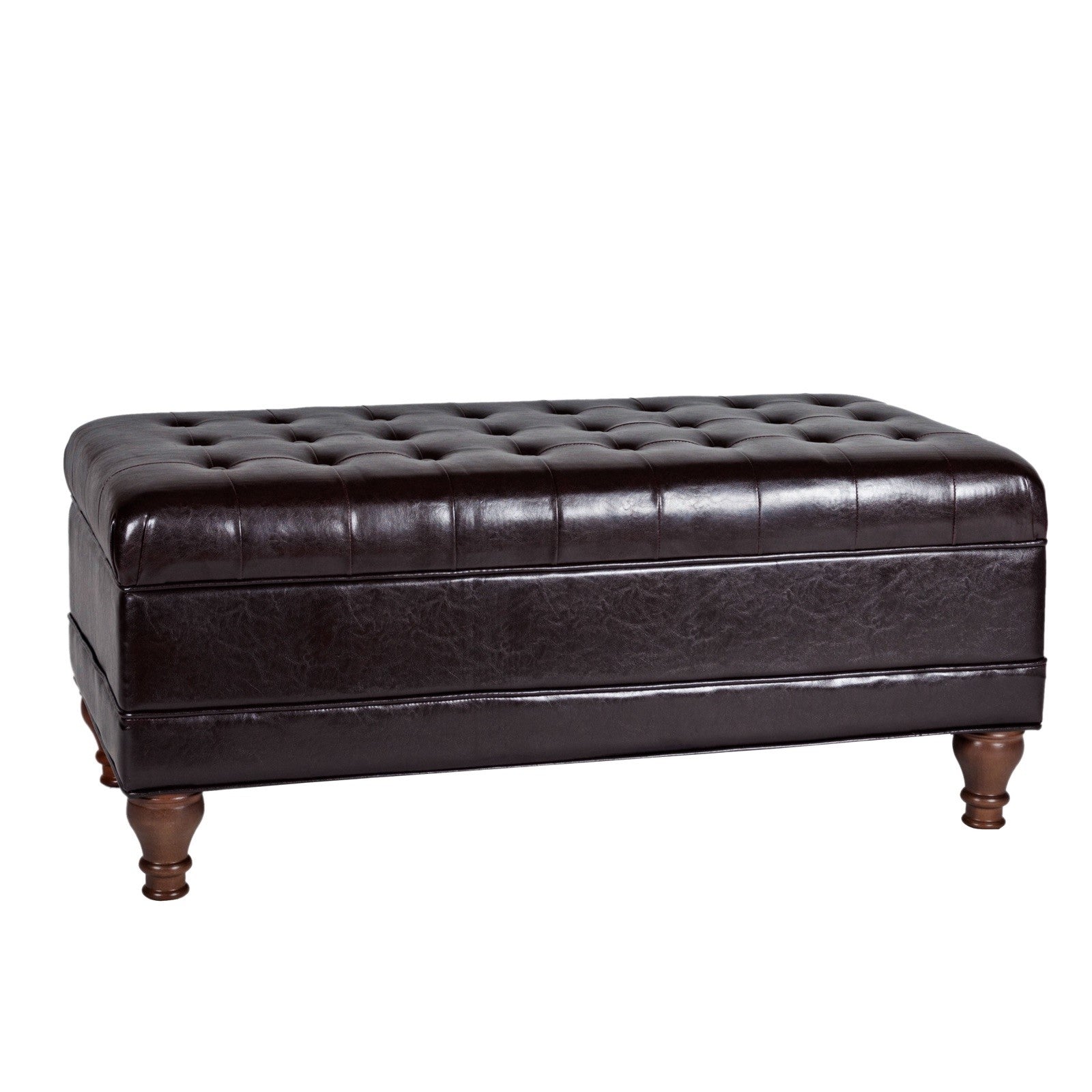 Leatherette upholstered wooden storage bench with button-tufted top, brown finish and turned legs.