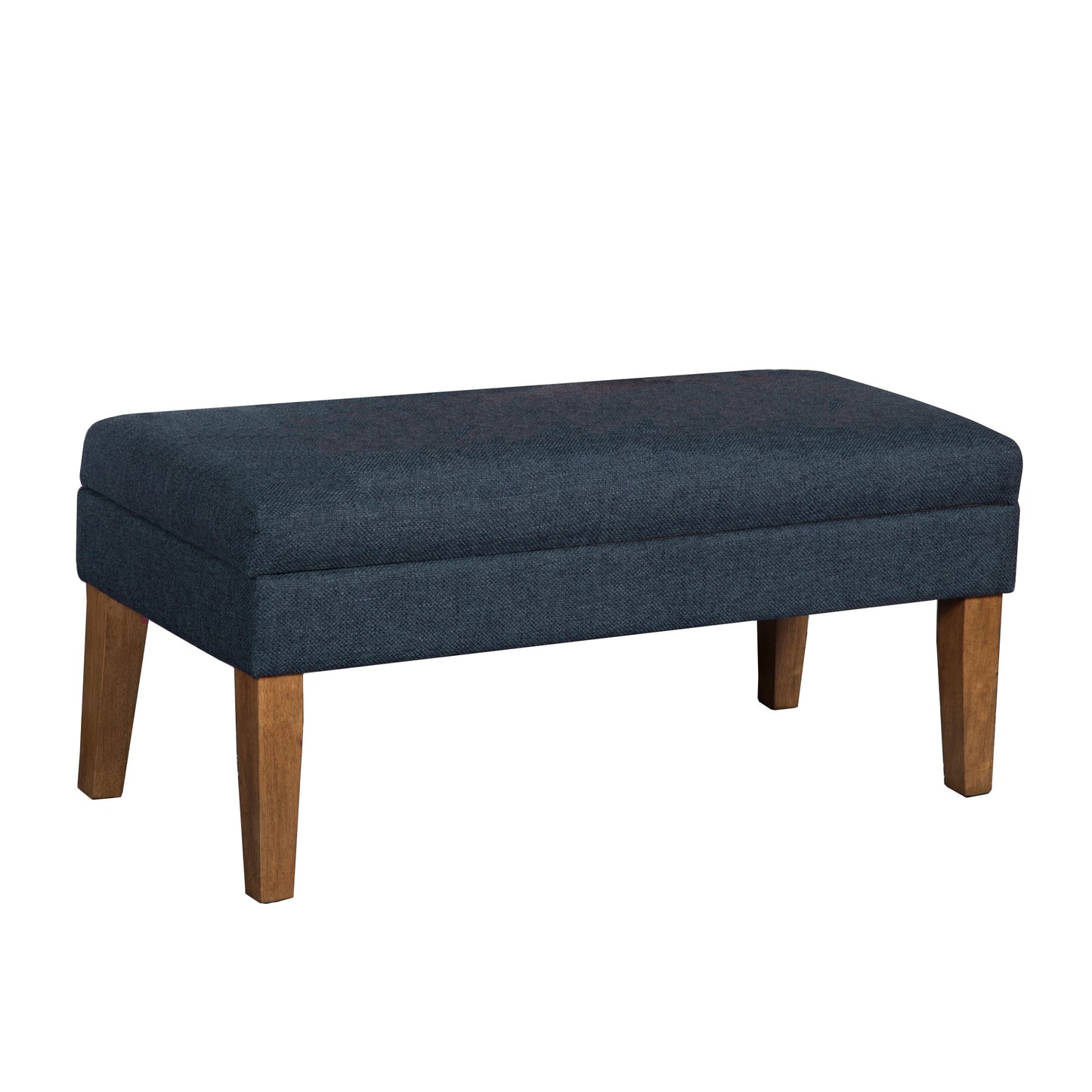 Fabric upholstered wooden bench with lift-top storage, navy blue, Benzara