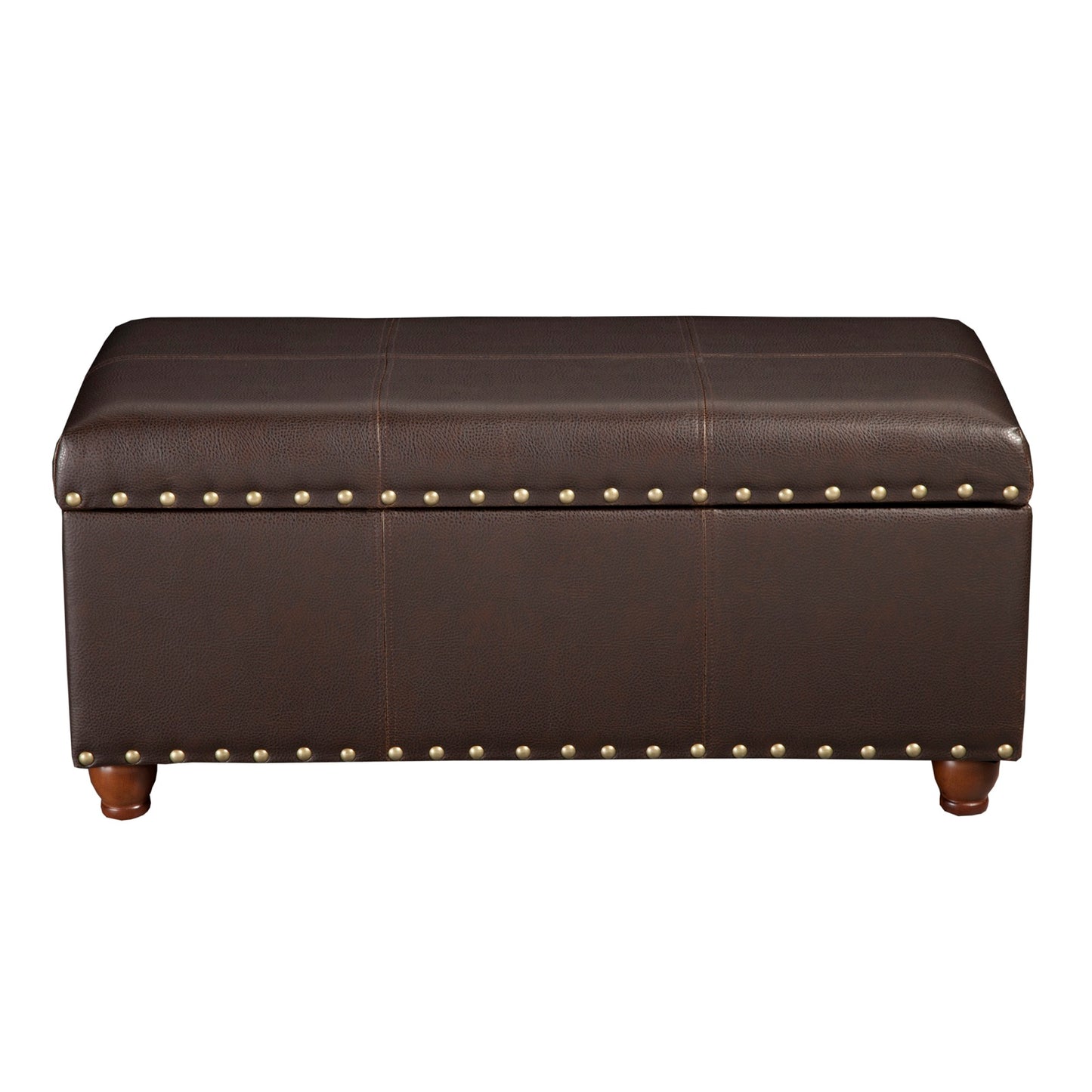 Leatherette upholstered storage bench in espresso brown with nailhead trim and wooden legs