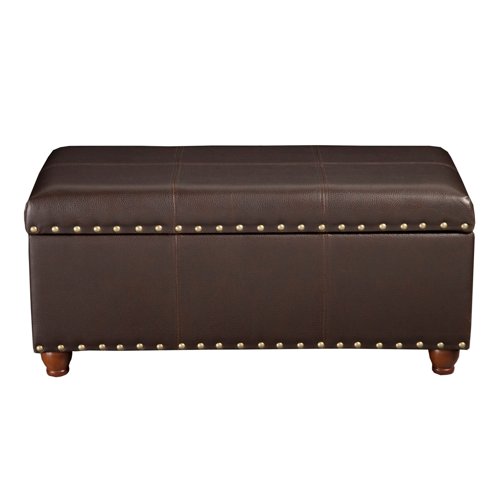 Leatherette upholstered storage bench in espresso brown with nailhead trim and wooden legs