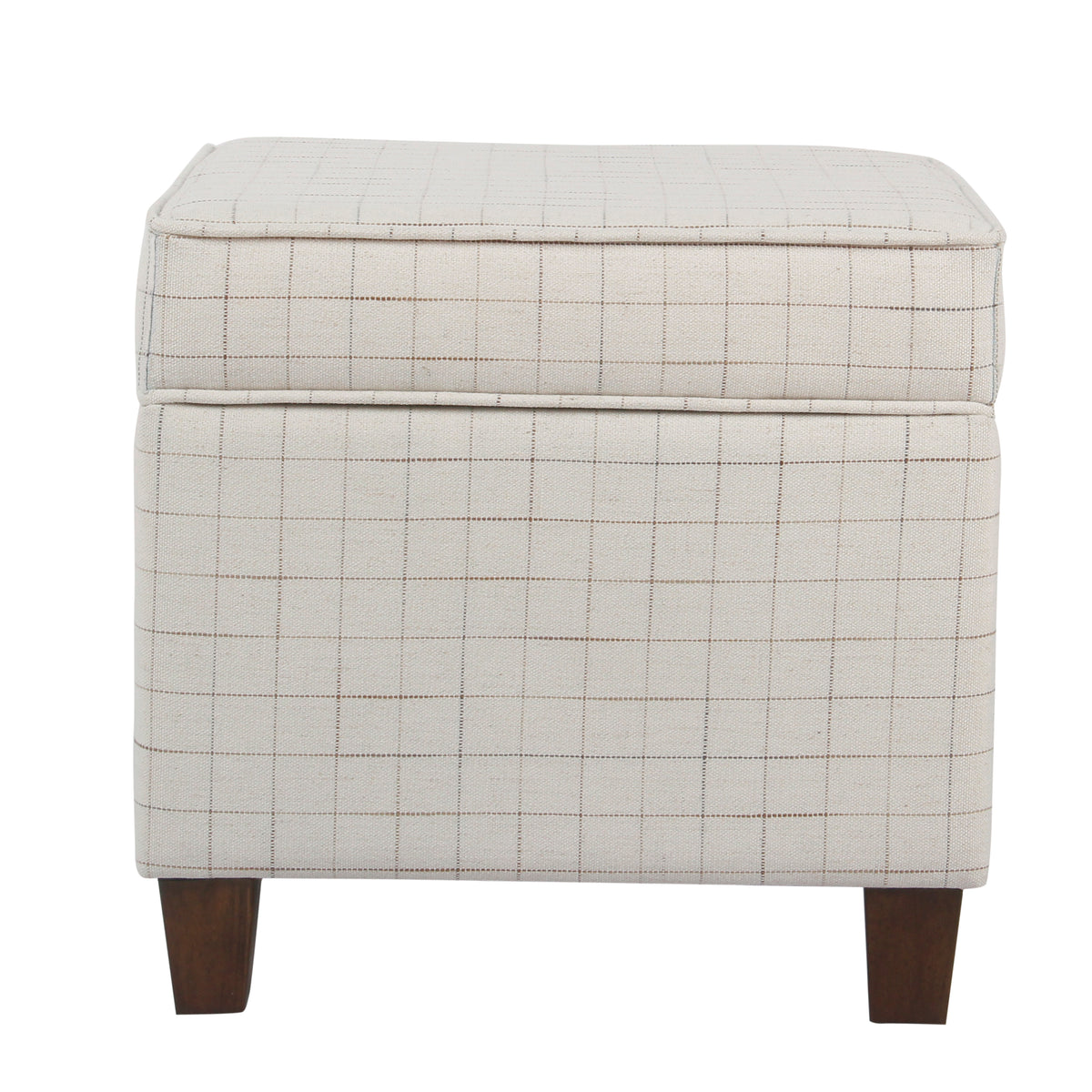 Wooden square ottoman with beige grid-pattern fabric and tapered brown legs
