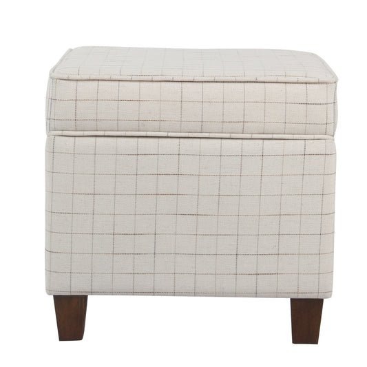 Wooden square ottoman with beige grid-pattern fabric and tapered brown legs