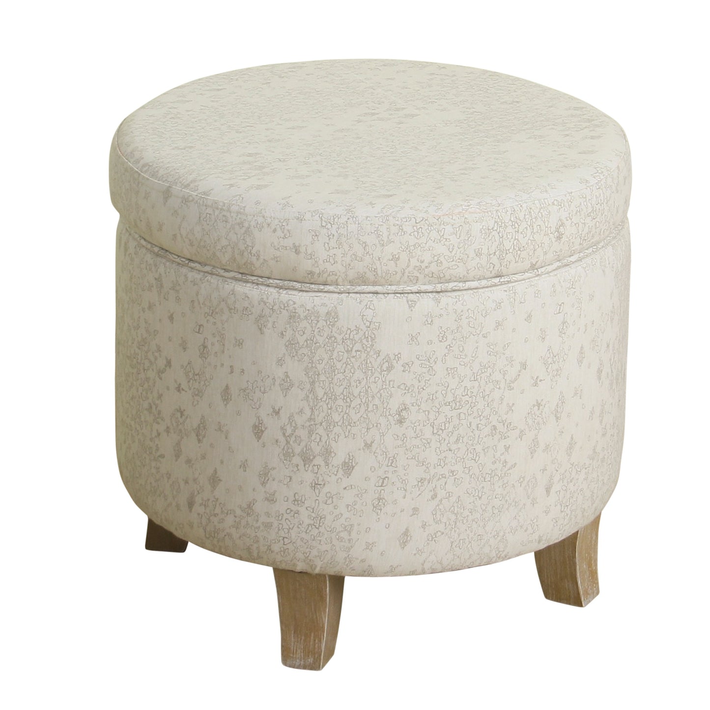 Fabric upholstered round ottoman with lift-off lid storage, beige patterned fabric and wooden legs