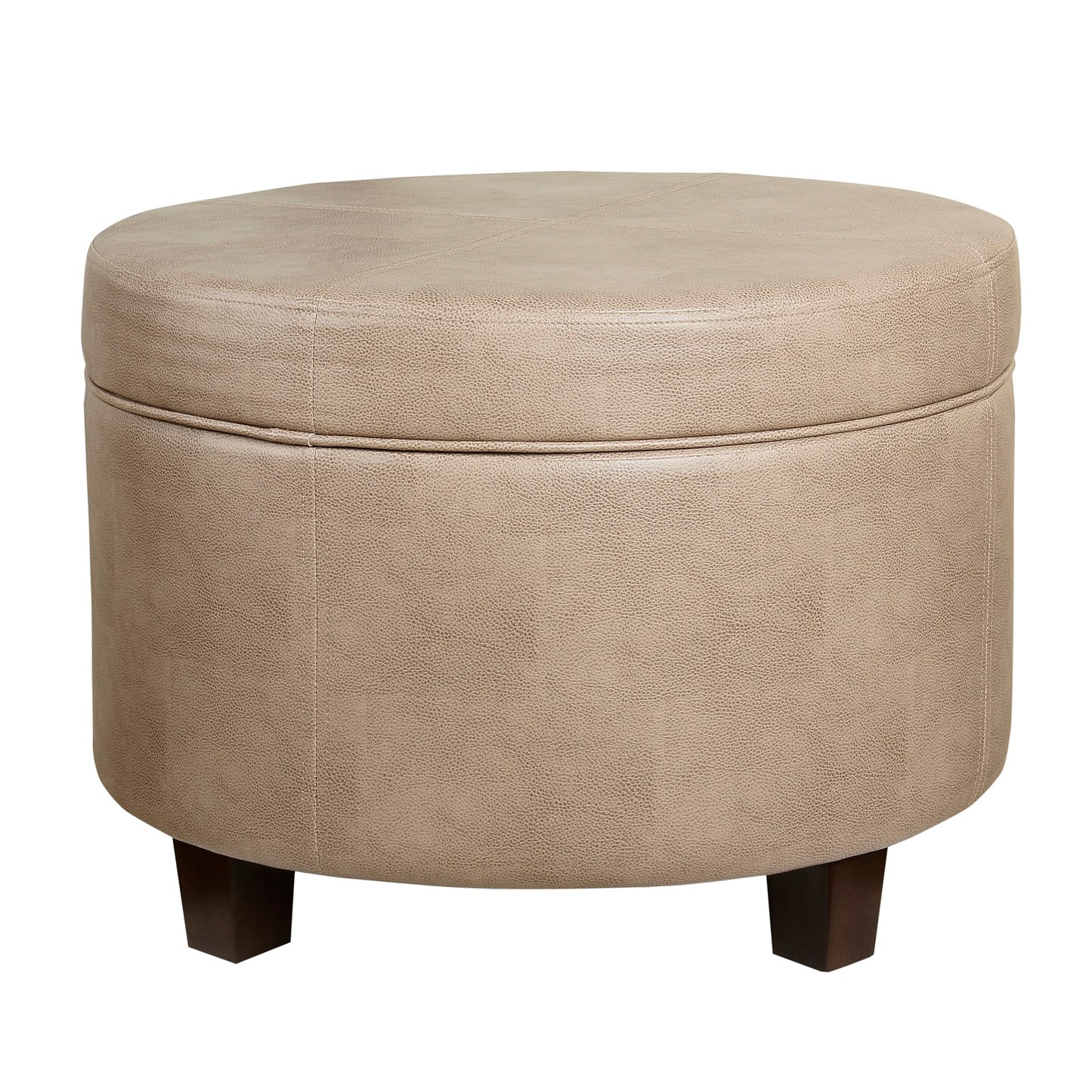 Round brown faux leather ottoman with lift-off lid storage and wooden legs