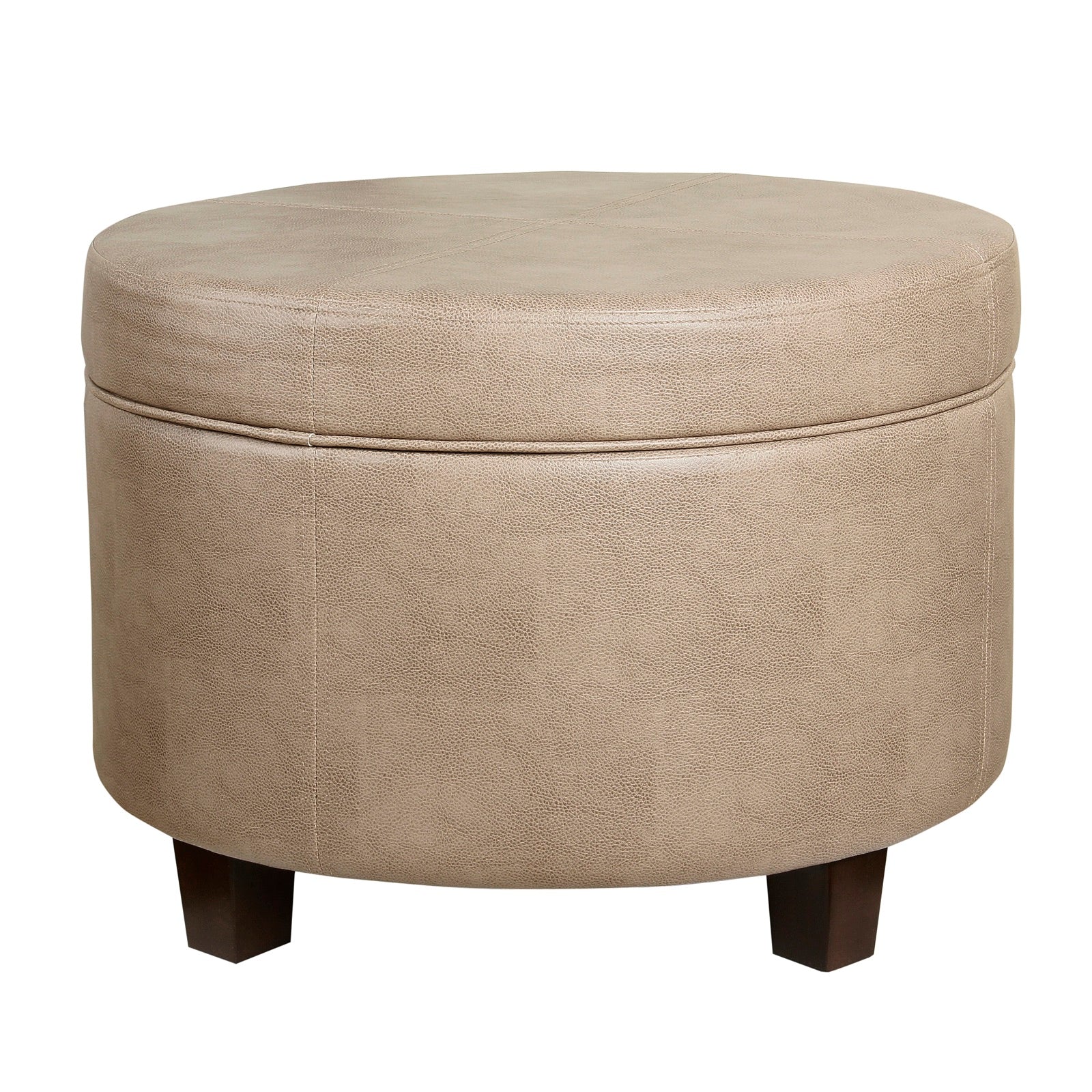 Round brown faux leather ottoman with lift-off lid storage and wooden legs