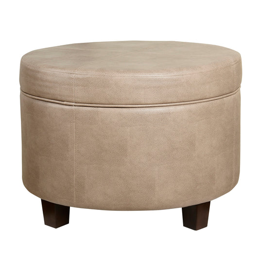 Round brown faux leather ottoman with lift-off lid storage and wooden legs