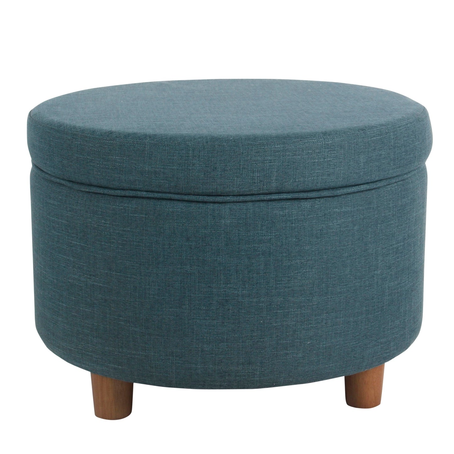 Teal fabric upholstered round ottoman with lift-off lid storage and wooden legs Benzara