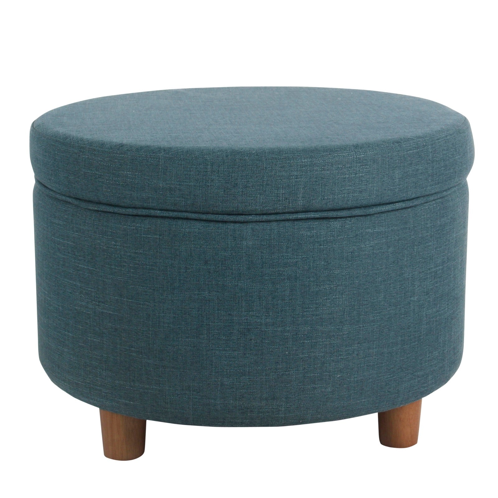 Teal fabric upholstered round ottoman with lift-off lid storage and wooden legs Benzara