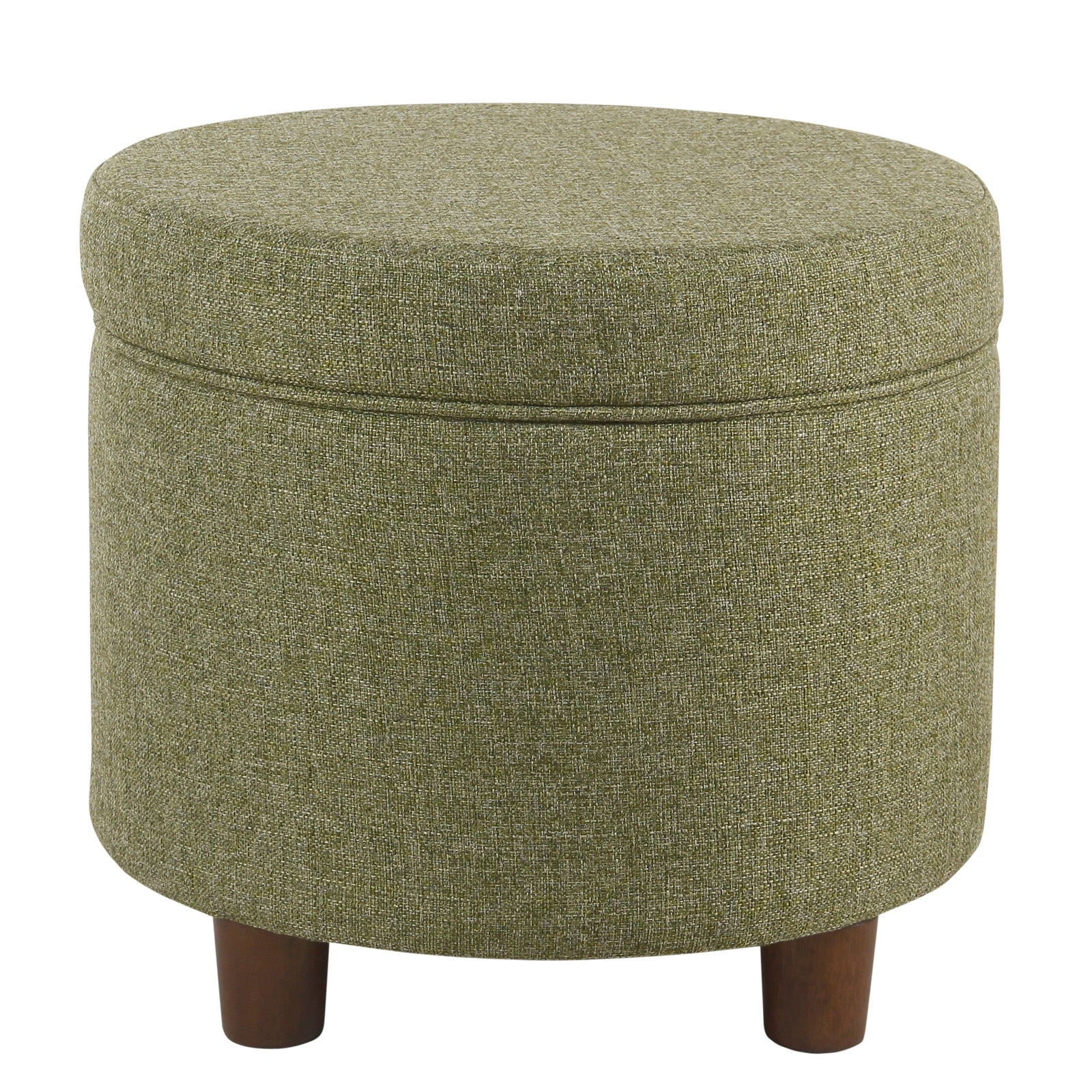 Benzara green fabric upholstered round ottoman with lift-off lid storage and wooden legs