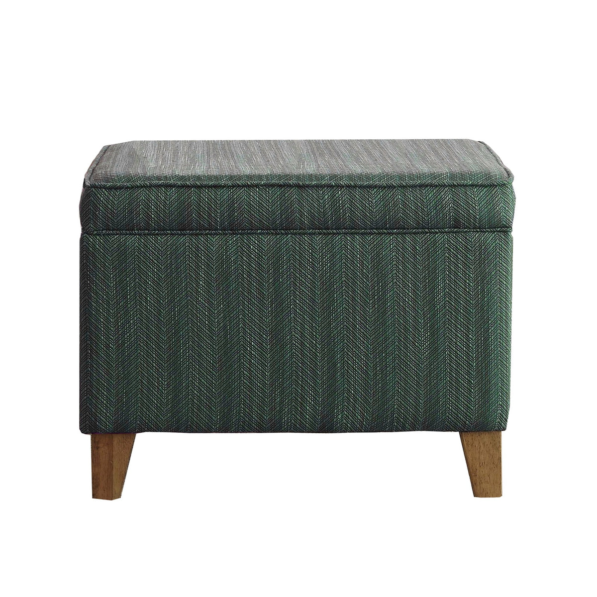 Rectangular green fabric ottoman with lift-top storage and wooden legs