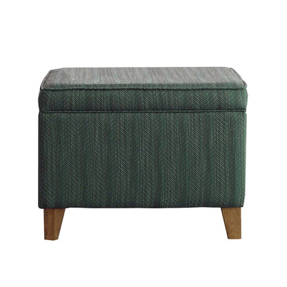 Rectangular green fabric ottoman with lift-top storage and wooden legs