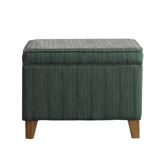 Rectangular green fabric ottoman with lift-top storage and wooden legs