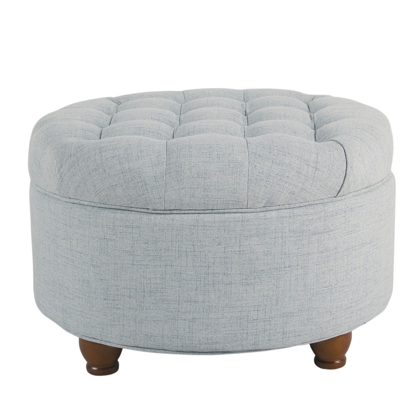 Light blue fabric upholstered round ottoman with tufted lid and wooden legs