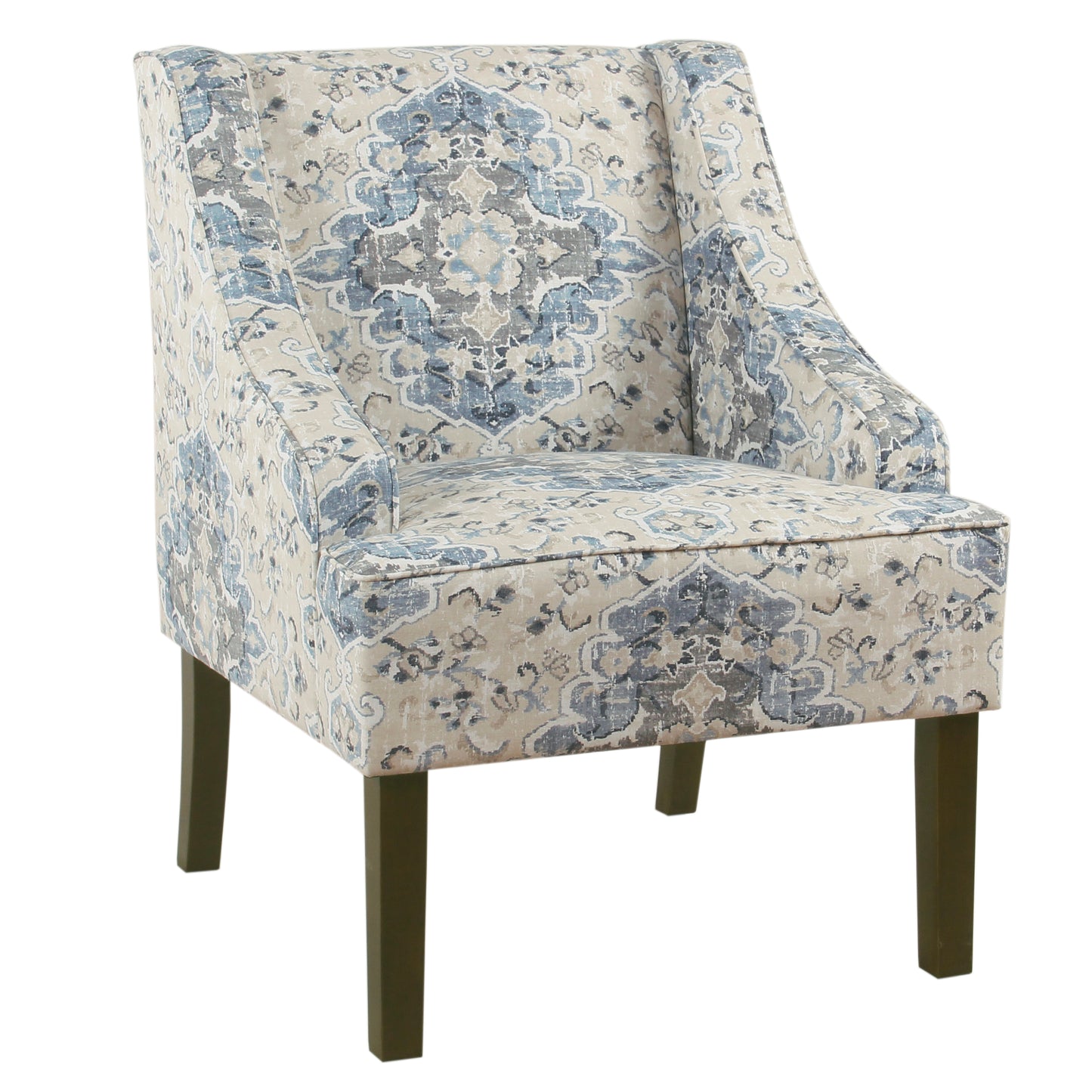 Fabric upholstered wooden accent chair with swooping armrests in blue, cream and brown damask pattern