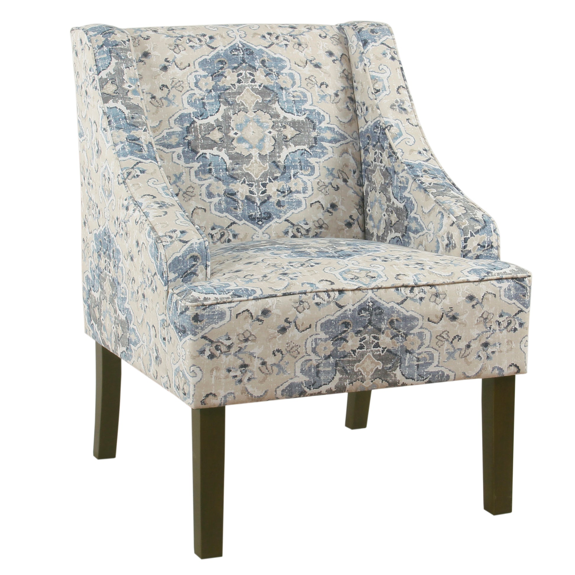 Fabric upholstered wooden accent chair with swooping armrests in blue, cream and brown damask pattern
