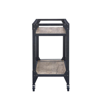 2 Tier Metal Serving Cart with Wooden Shelves and Bottle Holders, Black