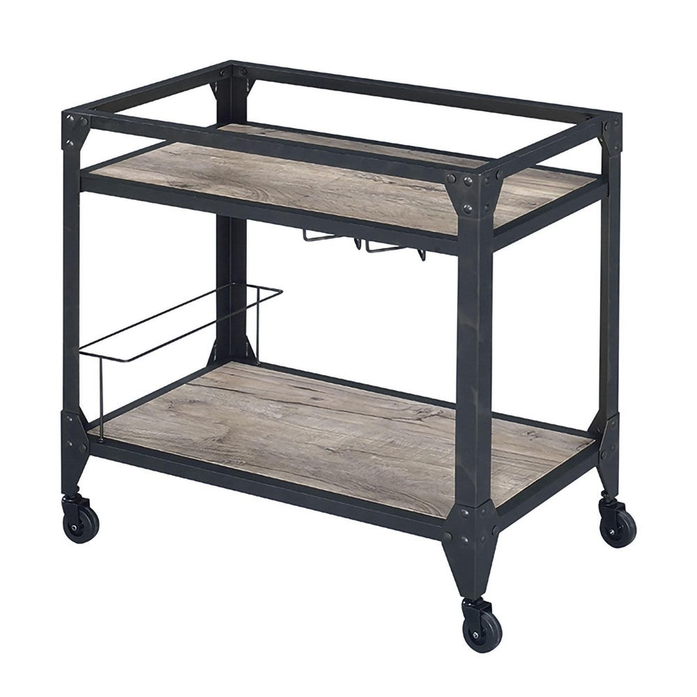2 Tier Metal Serving Cart with Wooden Shelves and Bottle Holders, Black