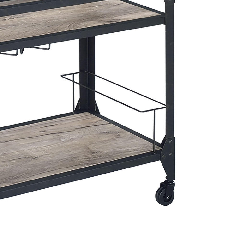 2 Tier Metal Serving Cart with Wooden Shelves and Bottle Holders, Black