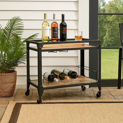 2 Tier Metal Serving Cart with Wooden Shelves and Bottle Holders, Black