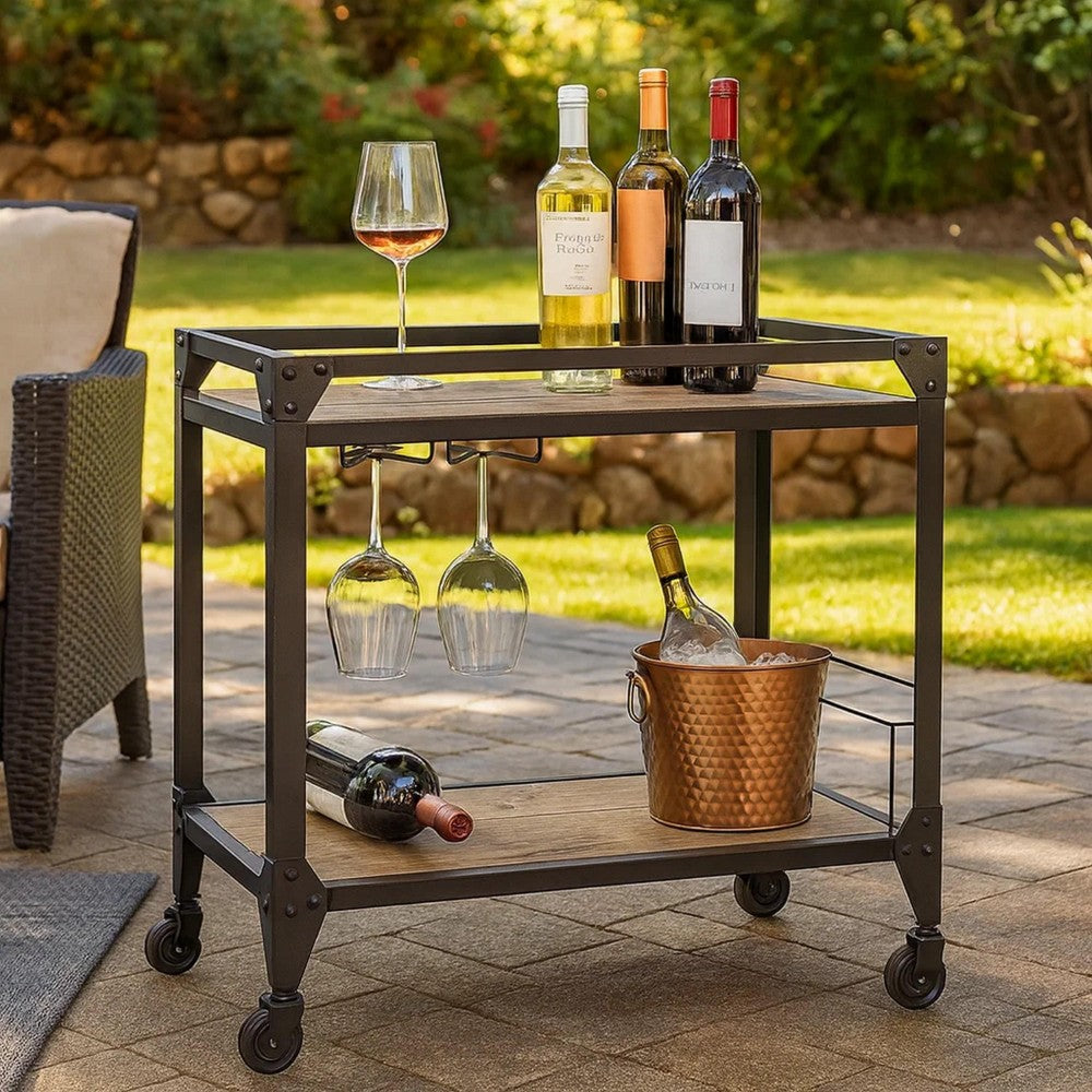2 Tier Metal Serving Cart with Wooden Shelves and Bottle Holders, Black