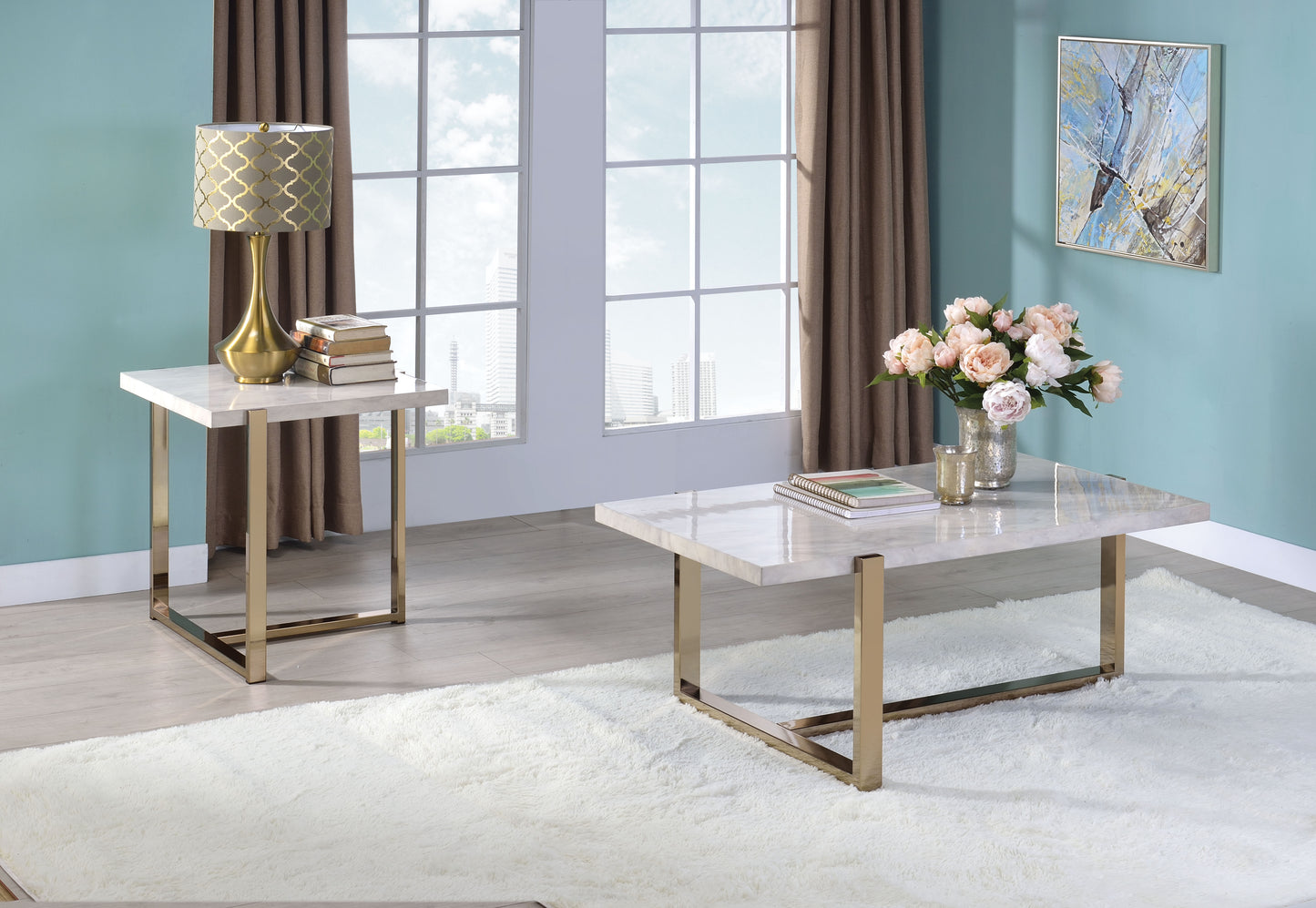 Set of 2 Benzara modern metal-framed coffee tables with faux marble tops in white and gold