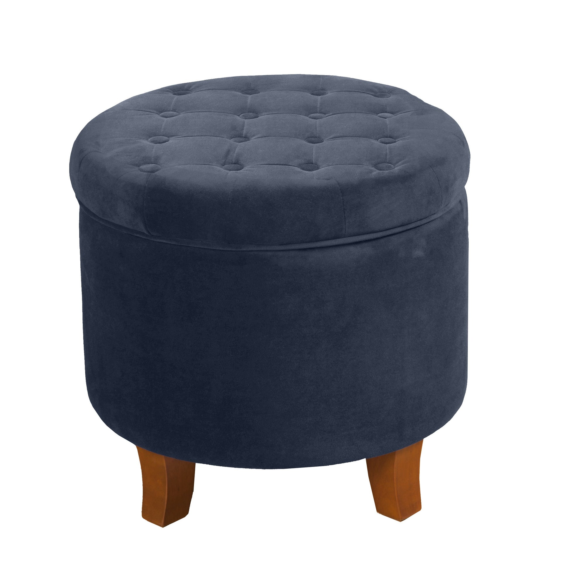 Button Tufted Velvet Upholstered Wooden Ottoman with Hidden Storage, Dark Blue and Brown — Chic Home-Decor