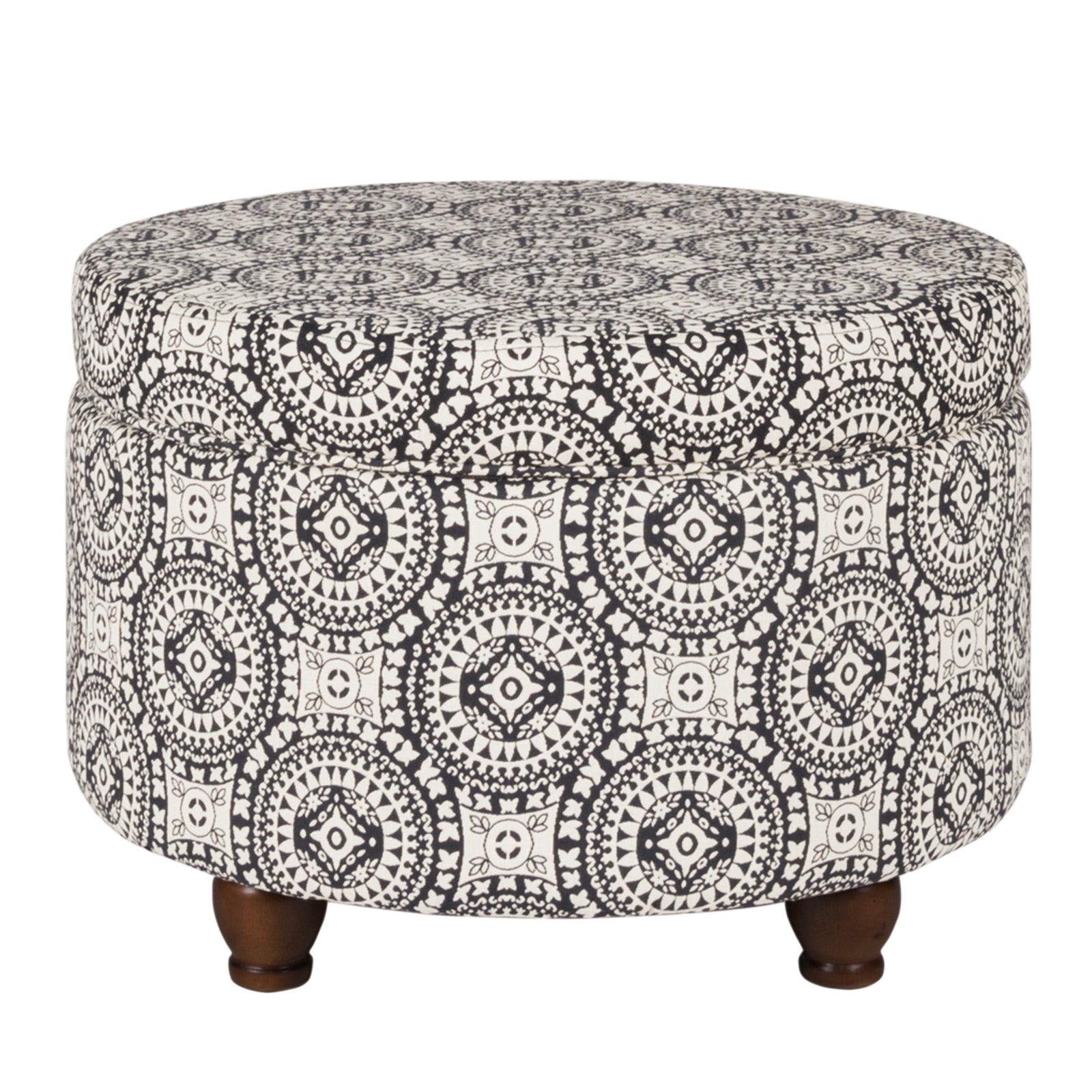 Medallion Pattern Fabric Upholstered Ottoman with Wooden Bun Feet, Cream and Black — Chic Home-Decor