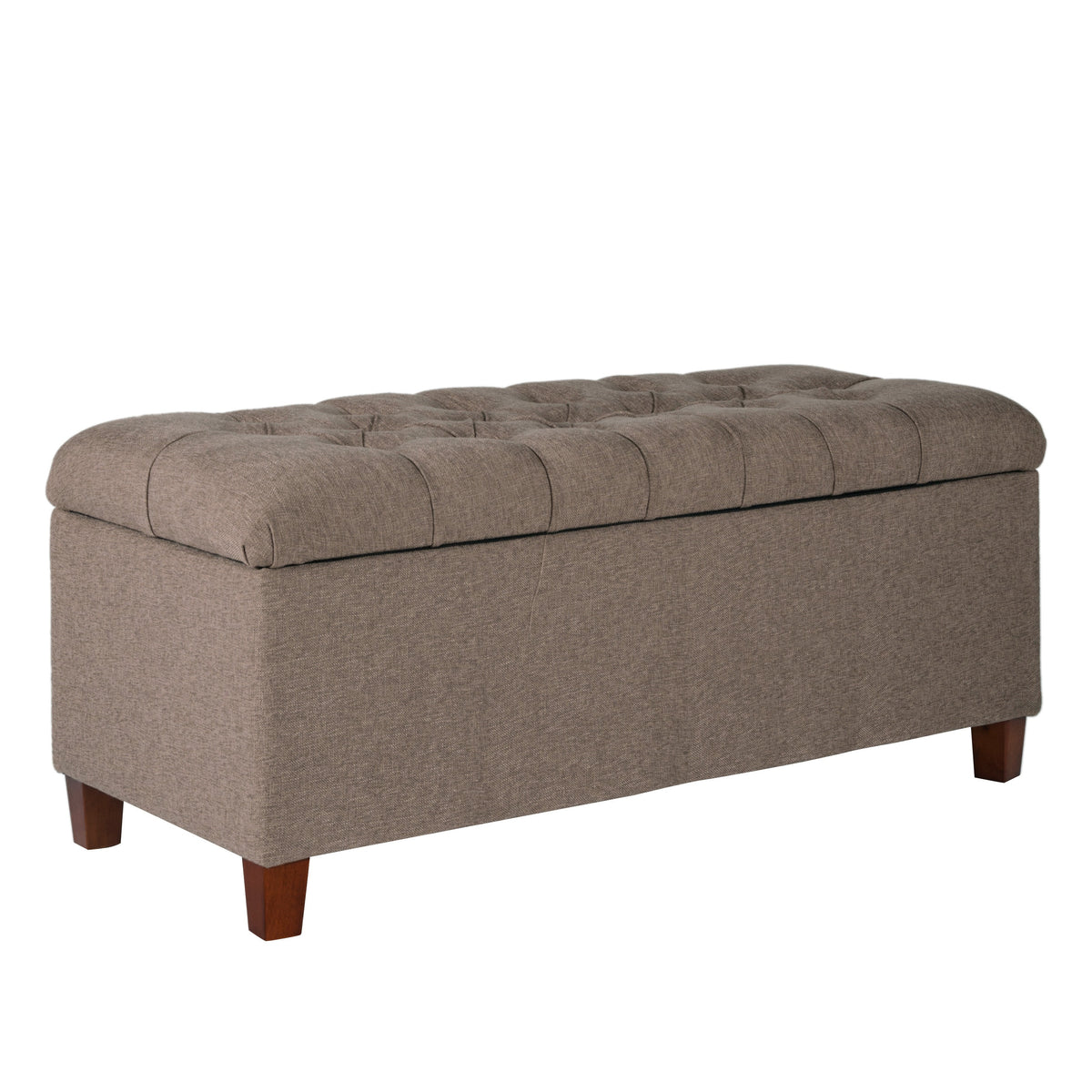 Storage bench in brown textured fabric with tufted top and wooden legs