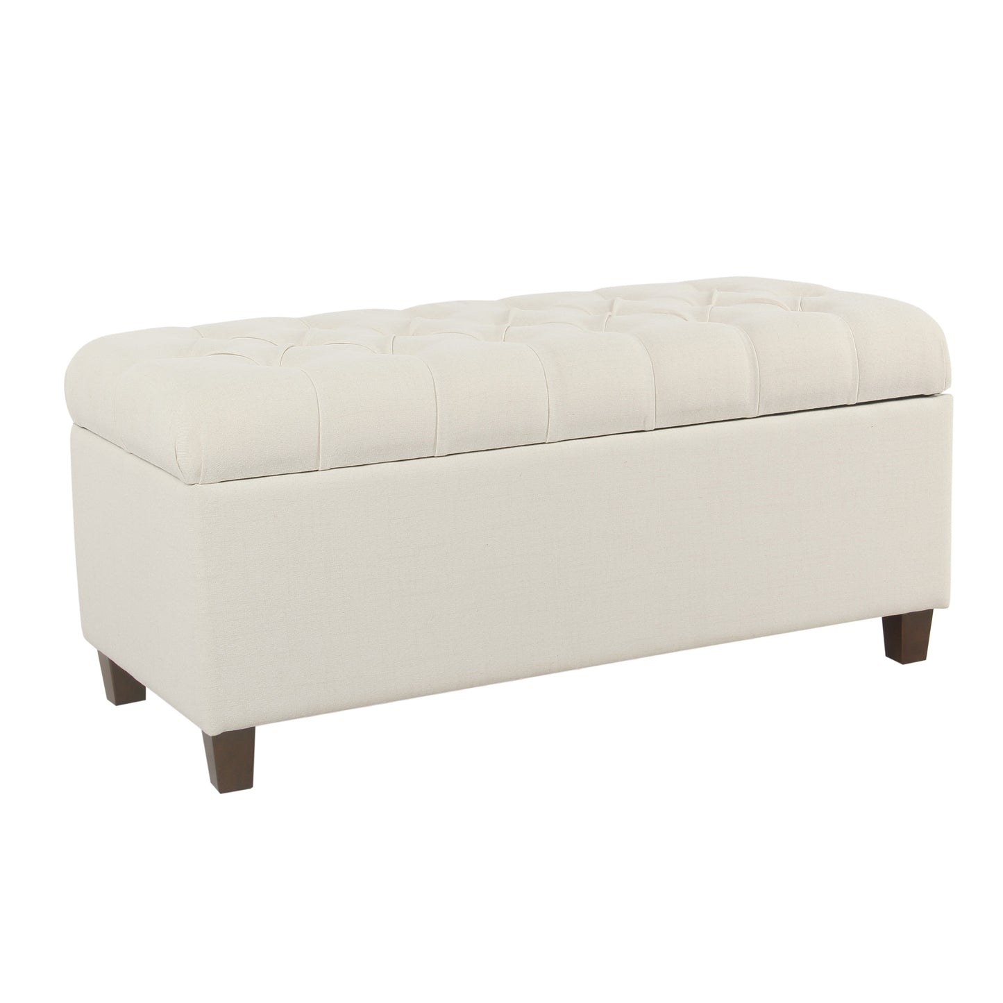 Storage bench with cream fabric upholstery, button-tufted top, hinged storage lid and brown wooden legs