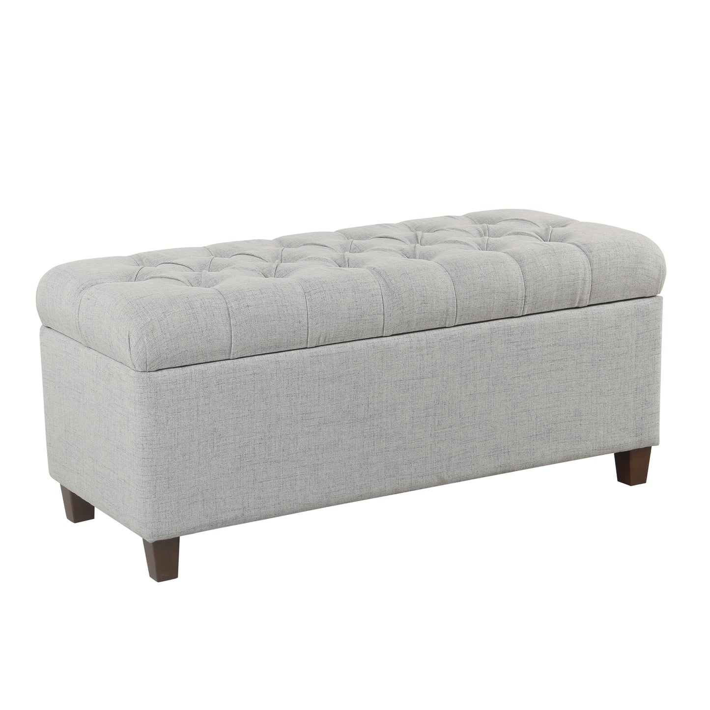 Fabric upholstered button-tufted storage bench by Benzara with hinged storage in light gray linen, brown legs