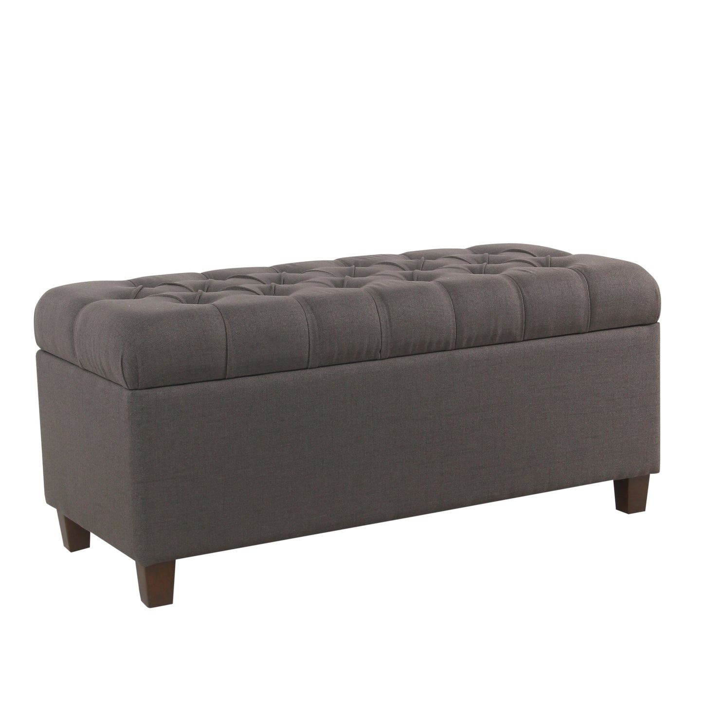 Benzara fabric upholstered button-tufted bench with hinged storage in dark gray and brown wood legs