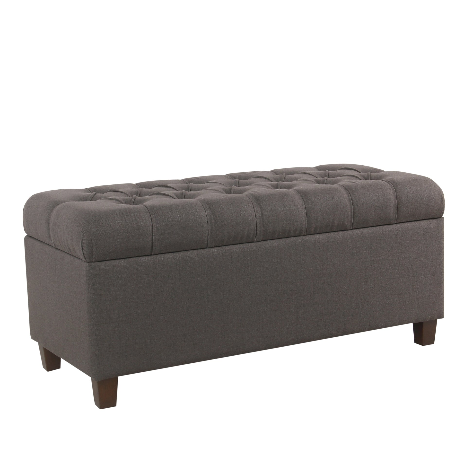 Benzara fabric upholstered button-tufted bench with hinged storage in dark gray and brown wood legs