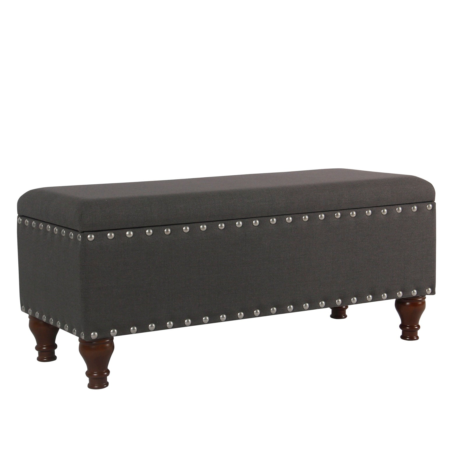 Fabric upholstered wooden storage bench by Benzara with nailhead trim in dark gray and brown